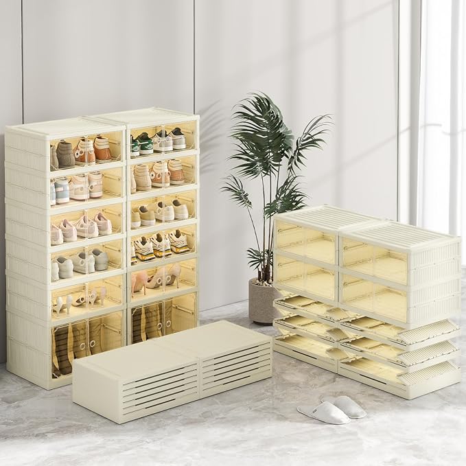 6 Tiers Foldable Shoe Rack Organizer for Closet with Wheels, 24Pairs Plastic Collapsible Shoe Shelf for Front Door Entrance Stackable Clear Folding Shoes Storage Boxes Tall Shoe Cabinet