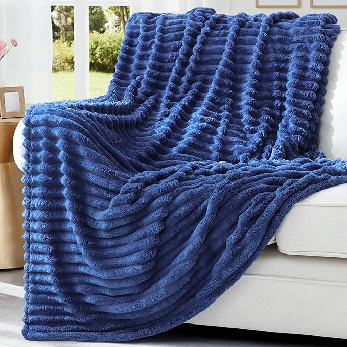 decorUhome Christmas Soft Fleece Navy Blue Twin Blanket for Bed, Cozy Fluffy Plush Flannel Striped Throws for Couch Sofa, Lightweight Decorative Ribbed Fuzzy Blanket for Woman, 60x80 Inches