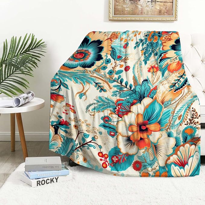 Floral Throw Blanket, Wild Flowers Blanket Gift for Women and Men, Lightweight Teal and Turquoise Fleece for Home Decor, Machine Washable, 50x60 Inches