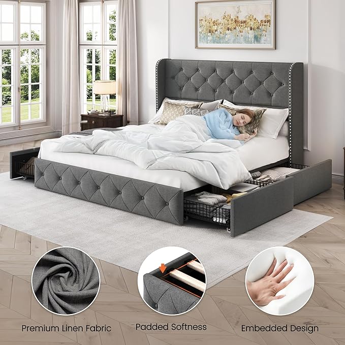 LARMACE Queen Size Platform Bed Frame with 4 Storage Drawers and Tufted Headboard Linen Upholstered Bed Wingback Bed Frame with Wooden Slats Support, Easy Assembly, Light Grey
