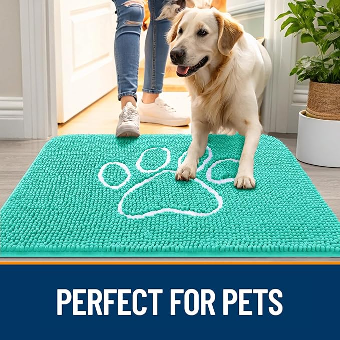 OLANLY Dog Door Mat for Muddy Paws 30x20, Paw Print Design, Absorbs Moisture and Dirt, Absorbent Non-Slip Washable Doormat, Quick Dry Chenille Mud Mat for Dogs, Entry Indoor Entryway Carpet, Teal