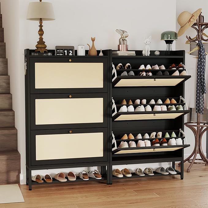 Slim Entryway Shoe Storage Cabinet with 3 Flip Drawers, Modern Freestanding Shoes Organizer Holds 16-20 Pairs, Closed Shoe Storage for Hallway, Foyer - Space-Saving Wood Shoe Cabinet