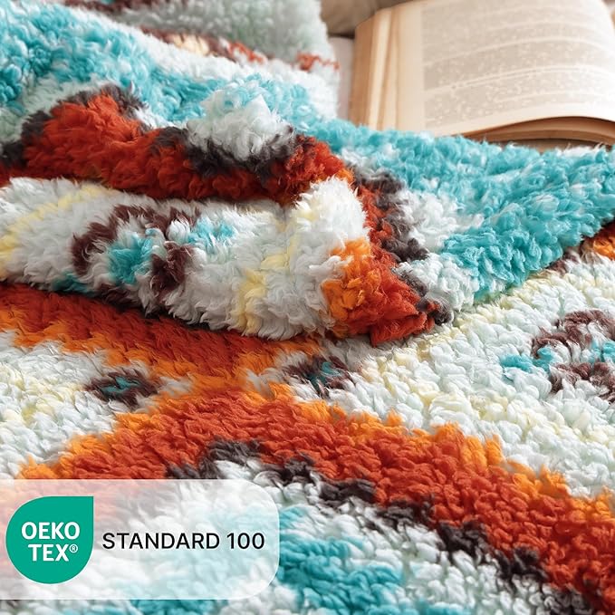 CASAAGUSTO Boho Sherpa Throw Blanket, Aztec Queen Blanket, Ultra Soft, Warm, Cozy, Plush, Thick Fleece Bohemian Throw Blanket for Couch, Bed, Sofa (Aqua 90 * 90 Inch)