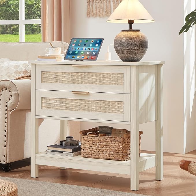 LEYAOYAO 31.5" Wide Rattan Night Stand Set 2 with Charger Station, Oversized Large Boho Nightstand with 2 Drawer, Grey White Bed Side End Tables, Tall Bedside Table for Bedroom Living Room, Hallway