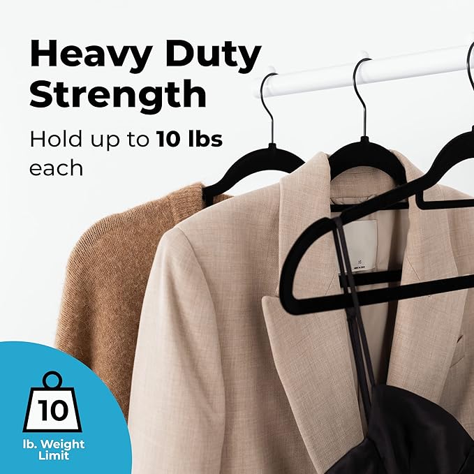 Fontaines Luxury Black Velvet Felt Non Slip Clothes Hangers 50 Pack - Ultra Slim & Space Saving - Heavy Duty Swivel Hook for Clothing, Suit, Top, Tie, Shirt, Skirt & Pant Organization