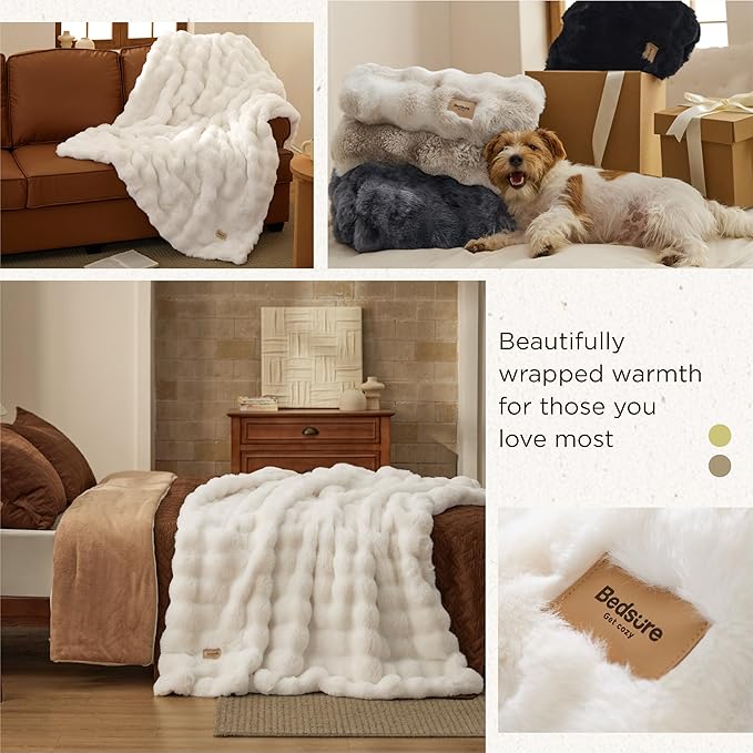Bedsure GentleSoft Fluffy Faux Fur Throw XL Blanket, Fuzzy Soft Bubble Blanket for Couch Bed, Faux Fur Decor for Home Bedroom Living Room, Thick Warm Furry Cozy Gifts for Women, Cream, 50x70 Inch