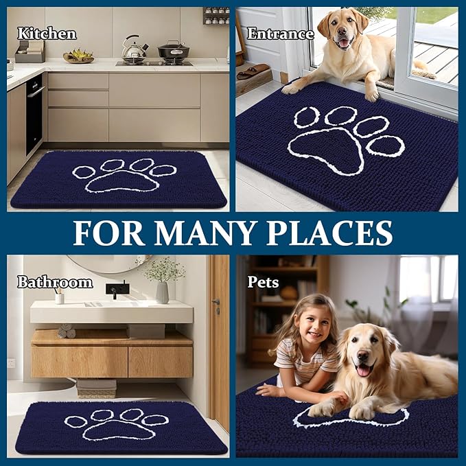 OLANLY Dog Door Mat for Muddy Paws 48x30, Paw Print Design, Absorbs Moisture and Dirt, Absorbent Non-Slip Washable Doormat, Quick Dry Chenille Mud Mat for Dogs, Entry Indoor Entryway Carpet, Navy Blue