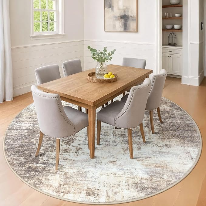 IOHOUZE Abstract Round Area Rug 8 Ft Washable Circle Rugs Large Round Rug Non Slip Thin Soft Circle Rugs, Printed Faux Wool Floor Carpet for Bedroom Living Room Dining Room Nursery, Beige Brown