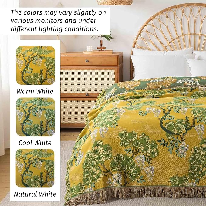 Qidordour Boho Throw Blanket, 80"x90" Muslin Blankets, 100% Organic Cotton Blanket for Couch Sofa, Lightweight Quilt with Tassel, All Season Bed Throw, Farmhouse Home Decor, A-Sophora Flower