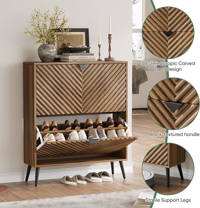 Shoe Cabinet, Entrance Shoe Storage Cabinet with Diamond Parquetry 2 Flip Drawers, Narrow Shoe Cabinet Storage for Entryway, Shoe Organizer Cabinet with Black Handles, Slim Shoe Rack Cabinet (Walnut)