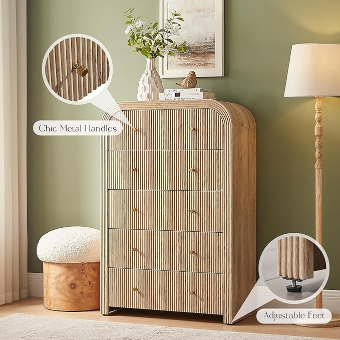 T4TREAM Fluted Dresser with 5 Drawers, 48" Tall Modern Chest of Drawers with Thickened Curved Profile Design, Wood Closet Clothes Storage Organizer for Bedroom, Living Room, Hallway, Natural Oak