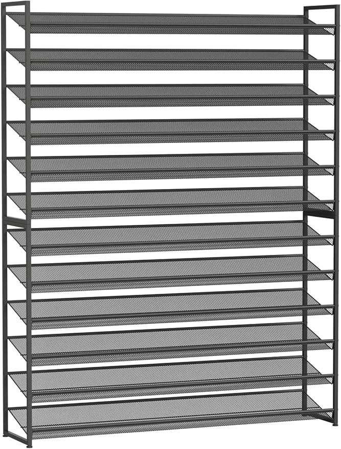 Large Shoe Rack 12 Tier Shoe Organizer, Heavy Duty Metal 6-Tier Stackable Shoe Storage Vertical Shoe Rack for Closet Front Door Entrance, Up to 75 Pairs, 44.8" W x 11.4" D x 85.1" H, Black