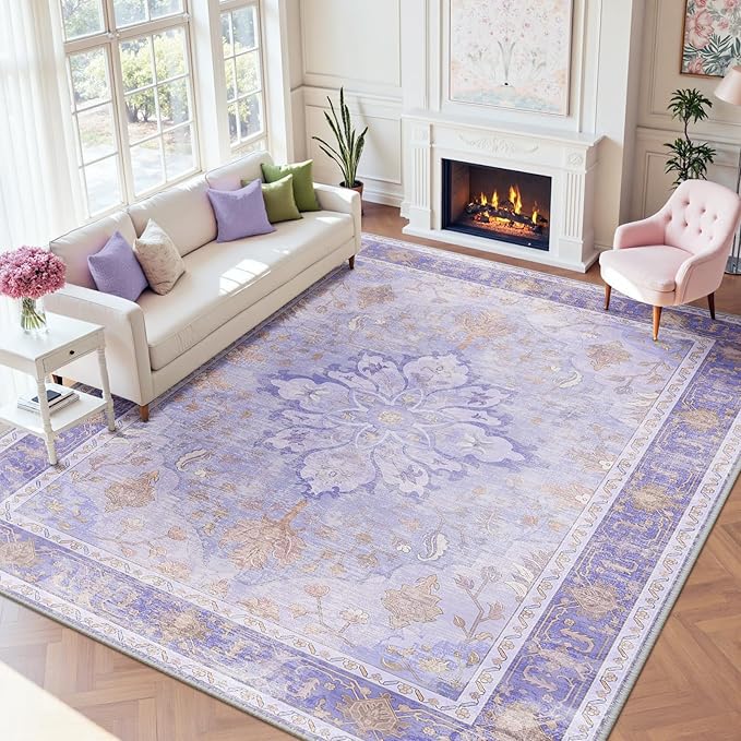 Area Rugs 9'x12' Washable Non-Slip, Floral Vintage Distress Print Pattern Medallion Carpet for Living Room Bedroom Dining Room, Light Purple Brown