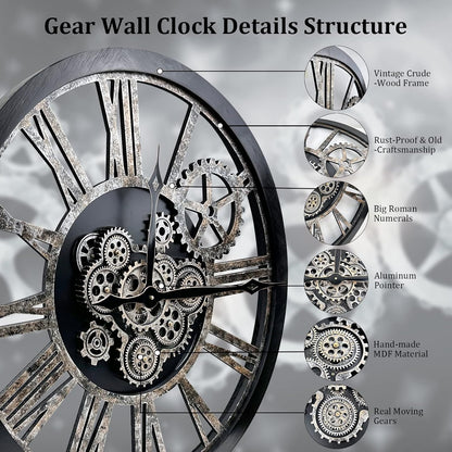 HOIBAI Large Wall Clock, Wall Clocks for Living Room Decor 36 Inch Farmhouse Vintage Rustic Kitchen Wall Decor Vintage Roman Oversized Wall Clock for Home Bedroom House, Moving Gears Clock
