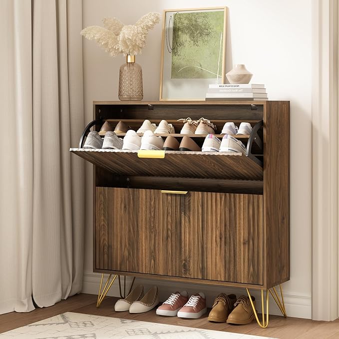 Shoe Cabinet with 2 Flip Drawers Walnut, Fluted Shoe Cabinet Storage for Entryway Slim, Mid Century Narrow Shoe Organizer, Modern Freestanding Shoes Rack for Entryway, Walnut