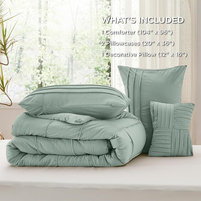 Bedsure California King Comforter Set - 4 Pieces Pinch Pleat Bed Set, Sage Green Boho Bedding for All Season, 1 Soft Comforter, 2 Pillowcases, 1 Decorative Pillow