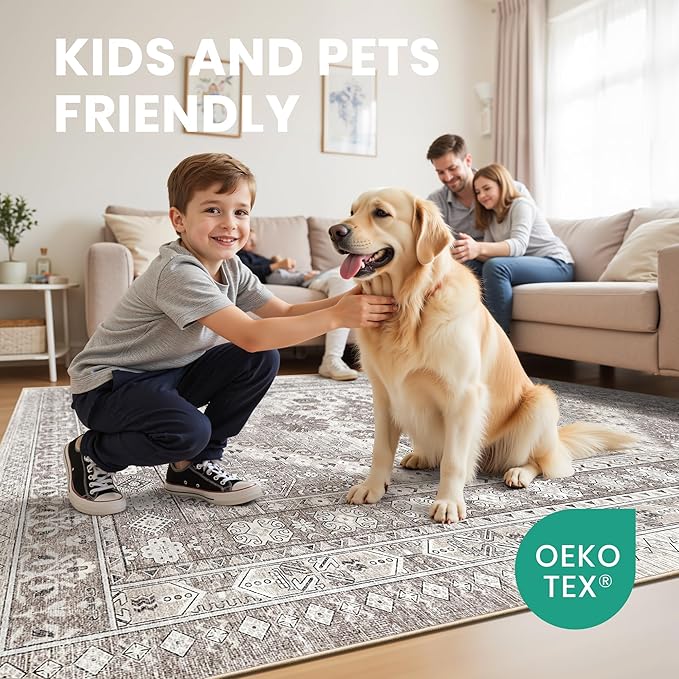 zesthome 5x7 Area Rugs - Ultra-Thin Washble Rug, Stain Resistant Anti Slip Backing Rugs for Living Room,Bedroom, Vintage Home Decor Area Rug (Brown/Beige,5'x7')