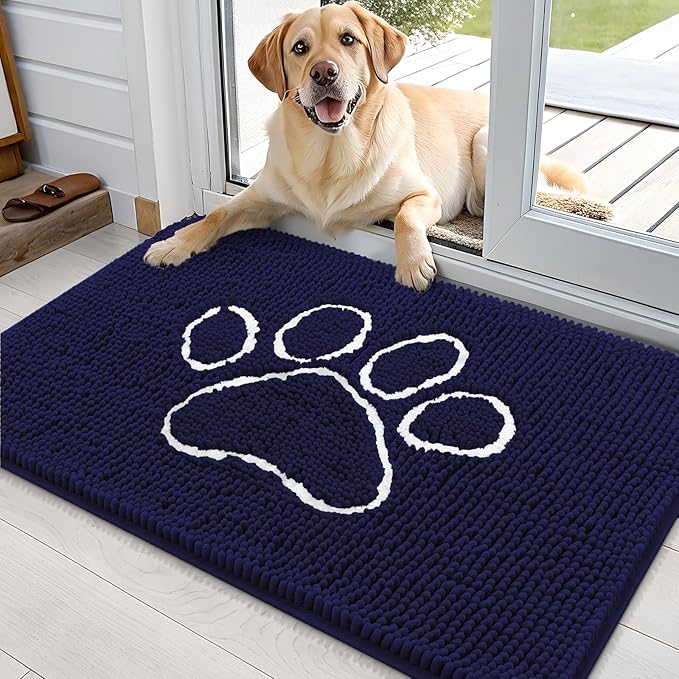 OLANLY Dog Door Mat for Muddy Paws 36x24, Paw Print Design, Absorbs Moisture and Dirt, Absorbent Non-Slip Washable Doormat, Quick Dry Chenille Mud Mat for Dogs, Entry Indoor Entryway Carpet, Navy Blue