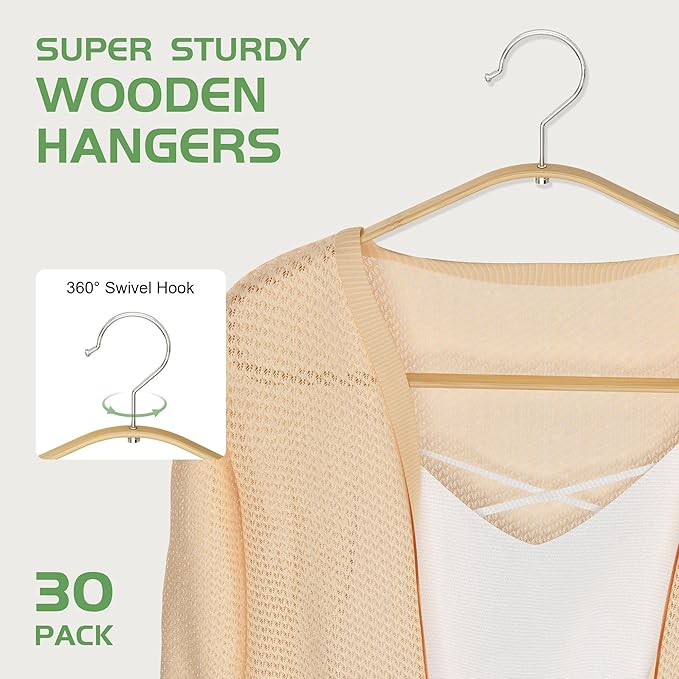 Bamboo Hangers - 30 Pack, Slim & Durable Suit Hangers with 360-Degree Rotatable Hook, for Clothes, Jacket, Shirt, Tank Top, Pant (Natural)