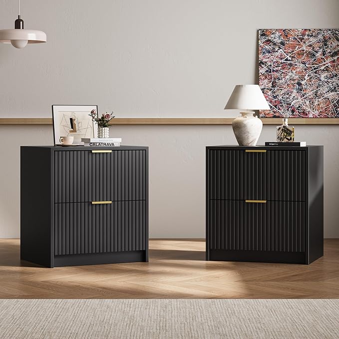 3-Piece Dresser Bedroom Set, 8 Drawer Dresser & 2 Drawer Nightstands with Gold Handles, Fluted Wood Chest of Drawers for Bedroom, Living Room, Entryway, Black