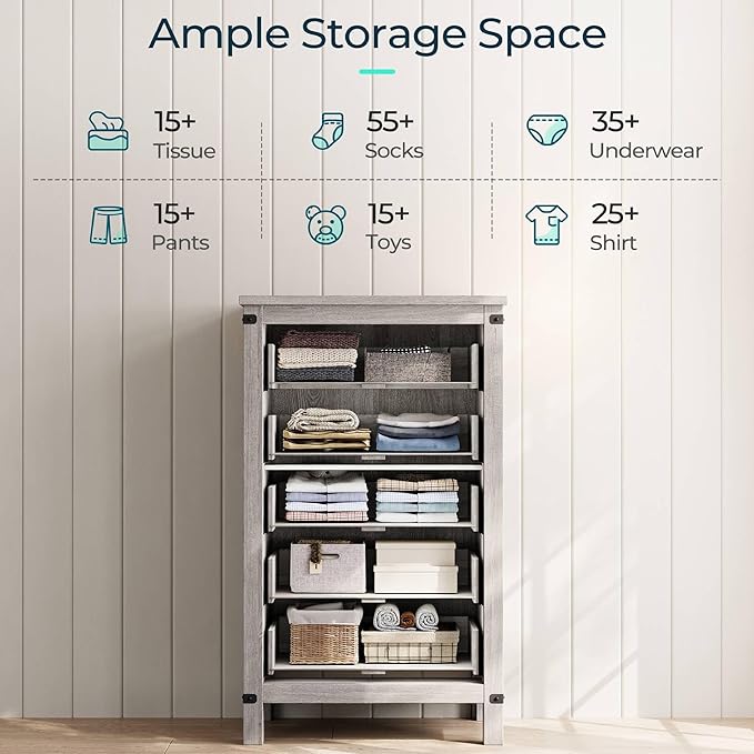 LINSY HOME Farmhouse 5 Drawer Dresser for Bedroom, 46” Tall Rustic Wood Chest with Deep Drawers, Modern Dressers with Spacious Storage and Metal Handles for Closet, Living Room, Hallway, Wash Grey