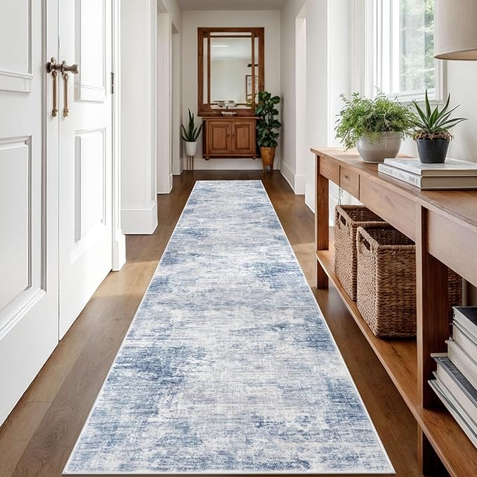IOHOUZE Abstract Runner Rug 2x12 Ft Washable Runners for Hallways, Non Slip Kitchen Runner Printed Faux Wool Entryway Runner Indoor, Modern Abstract Floor Carpet for Hall Kitchen, Light Blue White