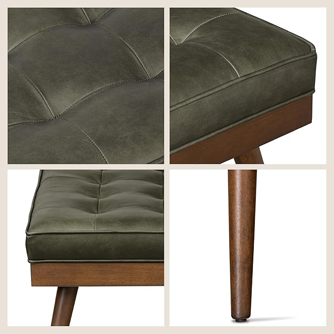 POLY & BARK 55" Tufted Leather Bed Bench for Bedroom End of Bed - Living Room Entry Way Bench - Pure Italian Leather Upholstery with a Solid Wood Frame - Ottoman Bench with Wooden Legs - Olivine Green