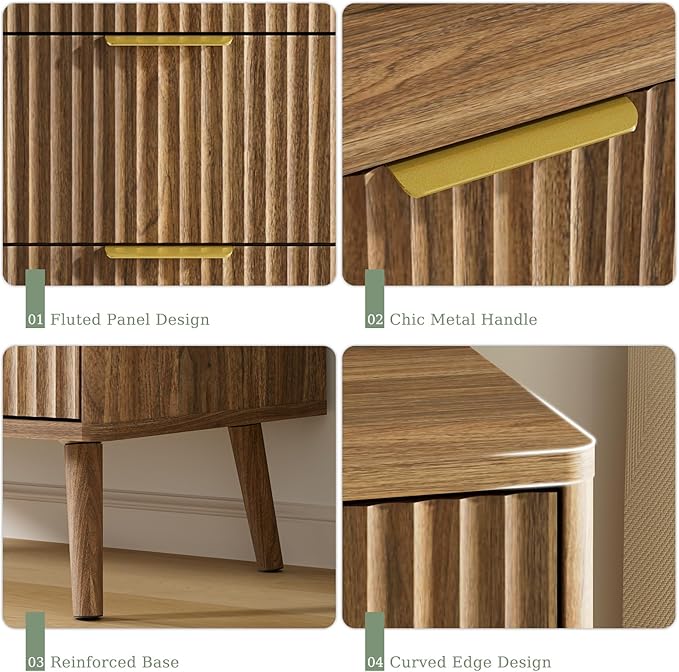 LYNSOM Fluted Dresser and Nightstand Sets 3 Piece, 5-Drawers Dresser and 1-Drawer Nightstands Set of 2, Wood Bedroom Furniture Set for Home, Bedroom, Hallway, Walnut