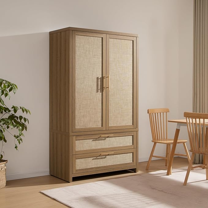 SICOTAS Armoire Wardrobe Closet, Larger Rattan Armoires Wardrobe Cabinet with 2 Larger Drawers and Hanging Rod, Tall Closet Storage Cabinet for Cloak Room, Laundry Room, Bedroom, Oak (3 Pieces)