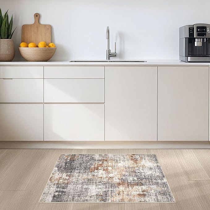 2x3 Entryway Area Rug: Washable Neutral Modern Abstract Small Rug - Non-Slip Low Pile Throw Indoor Carpet for Entrance Kitchen Front Door Mat Bathroom Entry Kids Room - Grey Brown
