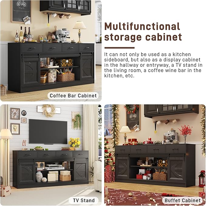 70” Large Long Buffet Sideboard Cabinet w/4 Drawer,Farmhouse Buffet Storage Cabinet,Sliding Door,Buffet Coffee Bar Cabinet, Credenza for Living Room,Black