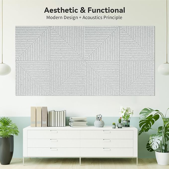 Art3d 6-Pack Self-Adhesive Acoustic Wall Panels for Home Décor, 24 x 24 Inch Soundproofing Panels for Office Studio Bedroom - High Noise Absorption Polyester Fiber, Gray
