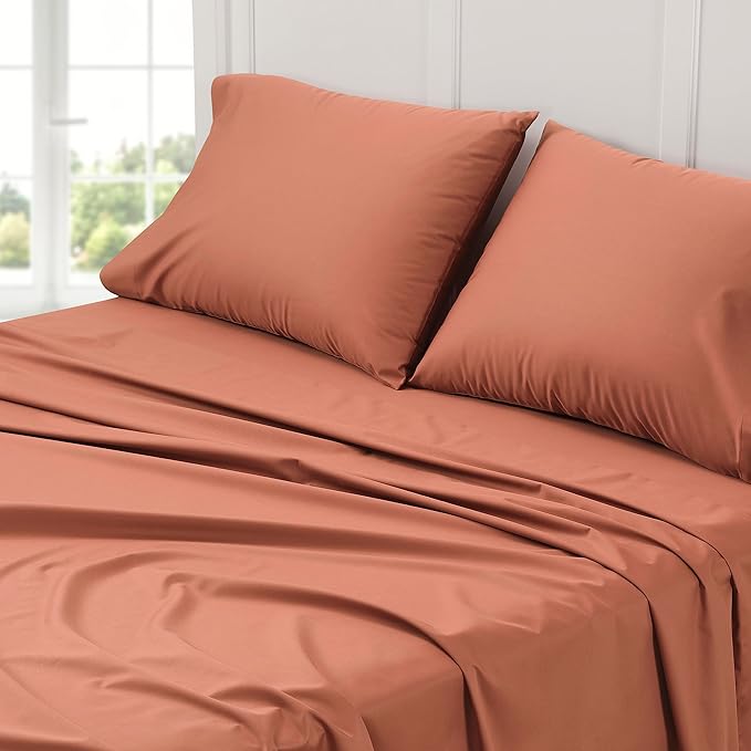 Cuddledown Dreamstead 100% Cotton Bed Sheets Set | 300 Thread Count | Luxurious Sateen Weave | Pure Combed Cotton | Soft | Wrinkle Resistant | 4 Piece Set | Red Sand | Full | 54” x 75"