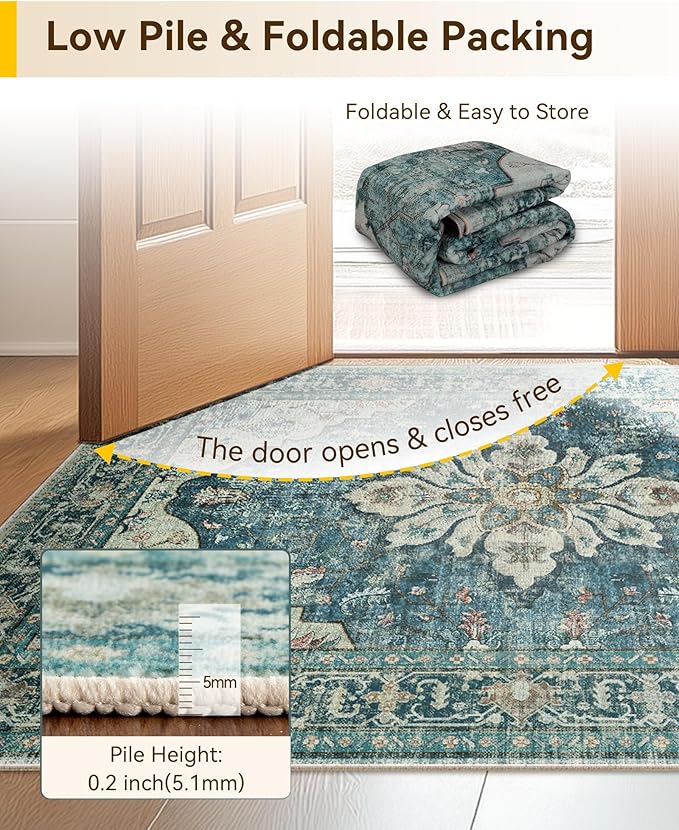 Area Rugs 3'x7' Washable Non-Slip, Floral Vintage Distress Print Pattern Medallion Carpet for Living Room Bedroom Dining Room, Dark Blue Vintage
