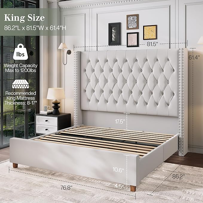 Jocisland King Size Bed Frame with 61.4" Tall Headboard, Velvet Upholstered Wingback Platform Design, Handcrafted Pleats& Deep Button Tufted, Solid Wood Legs, No Box Spring Needed, Cream