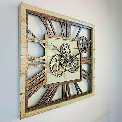 The Gears Clock 24'' Inch Square Real Moving Gear Wall Clock Vintage Industrial Oversized Rustic Farmhouse (Desert Beige)