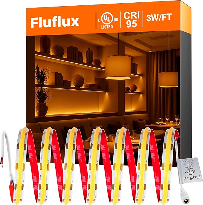 Candlelight COB LED Strip Lights 2400K, 3W/FT, 32.8FT 24V LED Tape Light with 3M VHB Backing, CRI 95, UL Listed, Cuttable, Dimmable, Bendable for Bars, Restaurants, Relaxing (NO Power Supply)