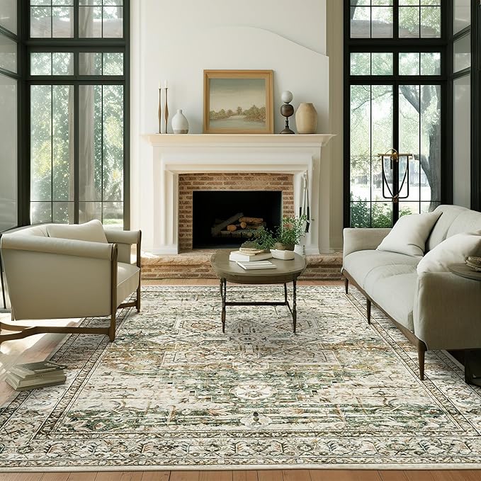 Washable Area Rug 8x10, Large Soft Rugs for Living Room Farmhouse Vintage Area Rugs for Bedroom Dining Room Non-Slip Stain Resistant Under Table Rug Olive Beige