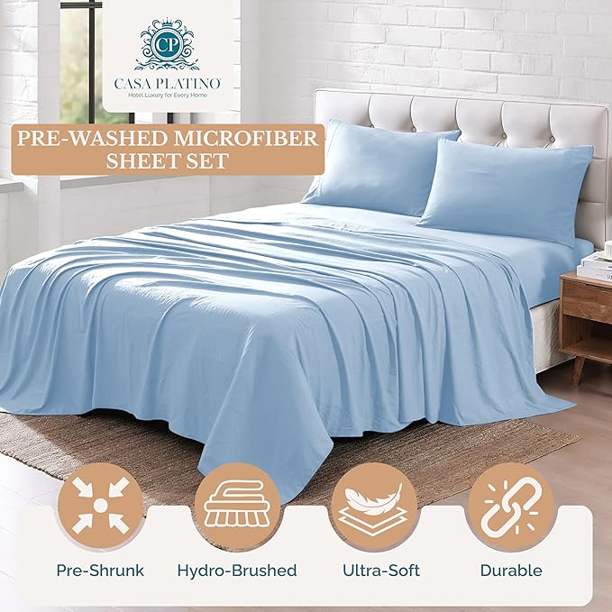 Casa Platino 3 Piece Set Includes Twin Flat Sheet, Fitted Sheet and 1 Pillowcase, Ultra Soft Hydro-Brushed Microfiber, Twin Size Sheets Set with Deep Pockets - French Blue