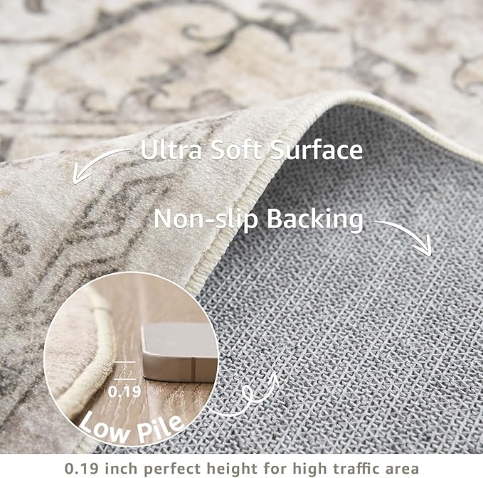 jinchan Round Rug 4ft Area Rug Indoor Vintage Floral Circle 4' Washable Ultra-Thin Low Pile Soft Small Non Slip Distressed Print for Living Room Dining Room Bedroom Entryway Taupe