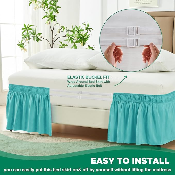 Biscaynebay Wrap Around Bed Skirts for King & Cal King Beds 14" Drop, Aqua Adjustable Elastic Dust Ruffles Easy Fit Wrinkle Resistant Silky Luxurious Fabric Machine Washable