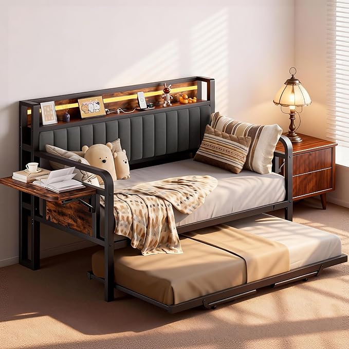 Daybed with Trundle, Twin Trundle Bed Frame - Metal Day Bed with LED Lights, Upholstered Storage Headboard & Charging Station, Pop Up Sleeper, Modern Design for Living Room and Guest Room-Brown