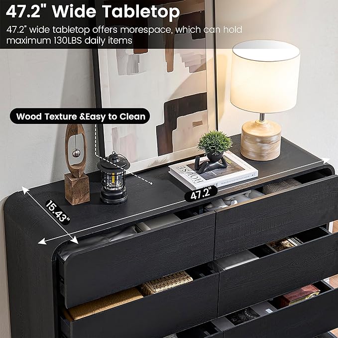 Black Dresser with 8 Drawers, Modern Chest of Drawers with Deep Drawers, Big Storage Organizer for Bedroom, Living Room, Hallway, 47’’Wide