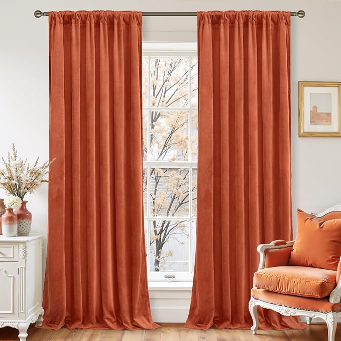 LAMIT Velvet Curtains 102 Inch for Living Room, Terracotta Thermal Room Darkening Panels Rustic Vintage Back Tab and Rod Pocket Drapes for Bedroom/Farmhouse/Dining Room, 2 Panels, 52 x 102 Inch