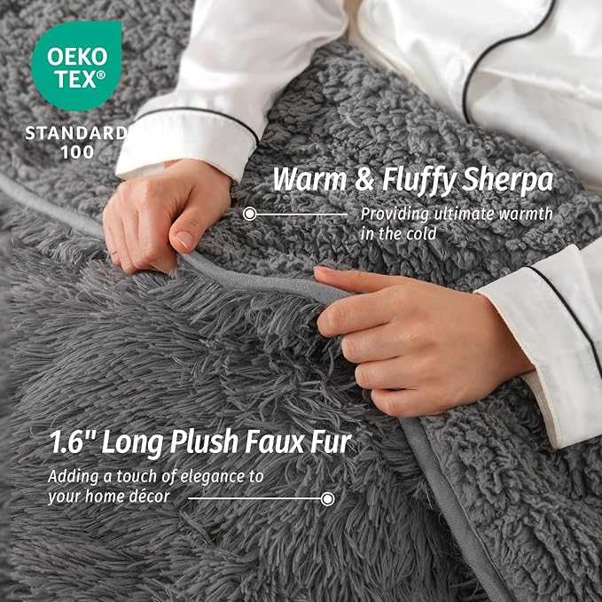 Wemore Shaggy Long Fur Faux Fur Weighted Blanket, Cozy and Fluffy Plush Sherpa Long Hair Blanket for Adult 15lbs, Fluffy Fuzzy Sherpa Reverse Heavy Blanket for Bed, Couch, Grey, 60 x 80 Inches