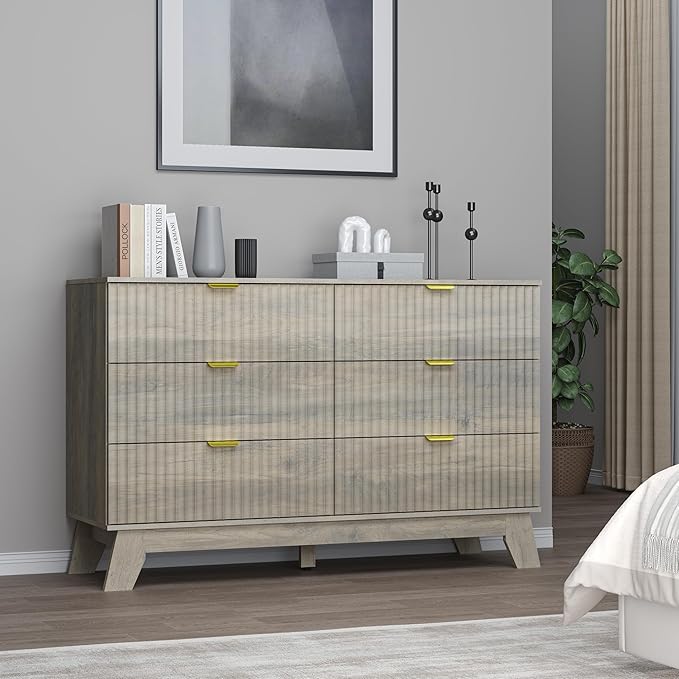 Fluted 6 Drawer Dresser, 47.2" Wide Modern Boho Chest of Drawers, Wooden Storage Dresser TV Stand for Bedroom, Living Room, Closet, Hallway, Curved Profile Design