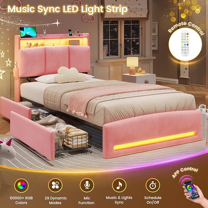 VIAGDO Twin Bed Frames with Storage Headboard and Charging Station, Velvet Upholstered Bed Frame Twin Size with 4 Drawers and LED Lights, Type C and USB, No Box Spring Needed, Pink