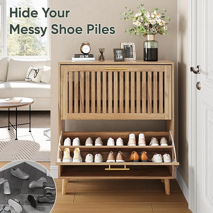 Shoe Storage Cabinet with 2 Flip Slatted Drawers, Narrow Freestanding Shoe Cabinet with Gold Handle, Hidden Entryway Shoe Organizer for Hallway, Foyer, Natural Oak