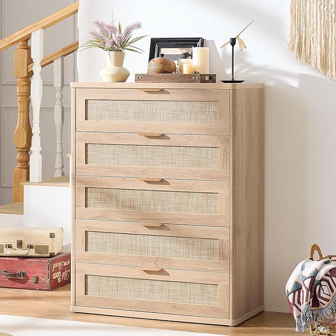 LEYAOYAO Rattan Dresser and Nightstand Set of 3, Boho Wood Dresser for Bedroom with 6 Drawers and Night Stand with Charging Station, Bedroom Furniture, Dressers & Chests of Drawers,Hallway,Living Room