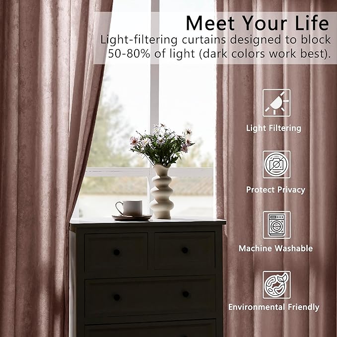 SMILETIME Pink Crushed Velvet Curtains 52x84inch Rod Pocket Luxurious Thermal Insulated Soundproof Drapes Soft and Durable Light-Filtering Window Treatments for Living Room Bedroom, 2 Panels